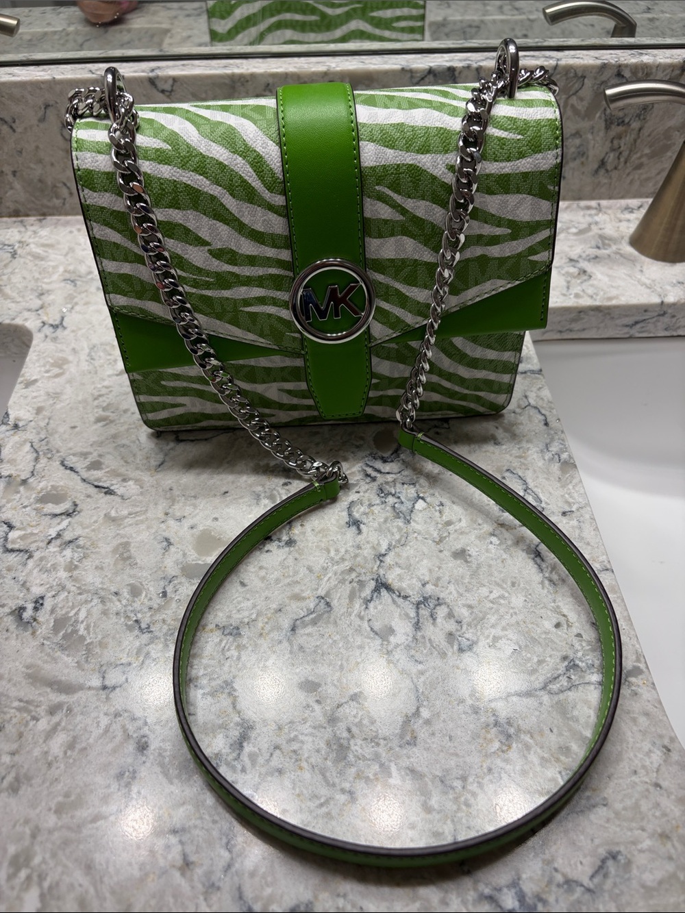 NEW!Michael Kors Green Zebra-Print Crossbody with Silver MK Accent